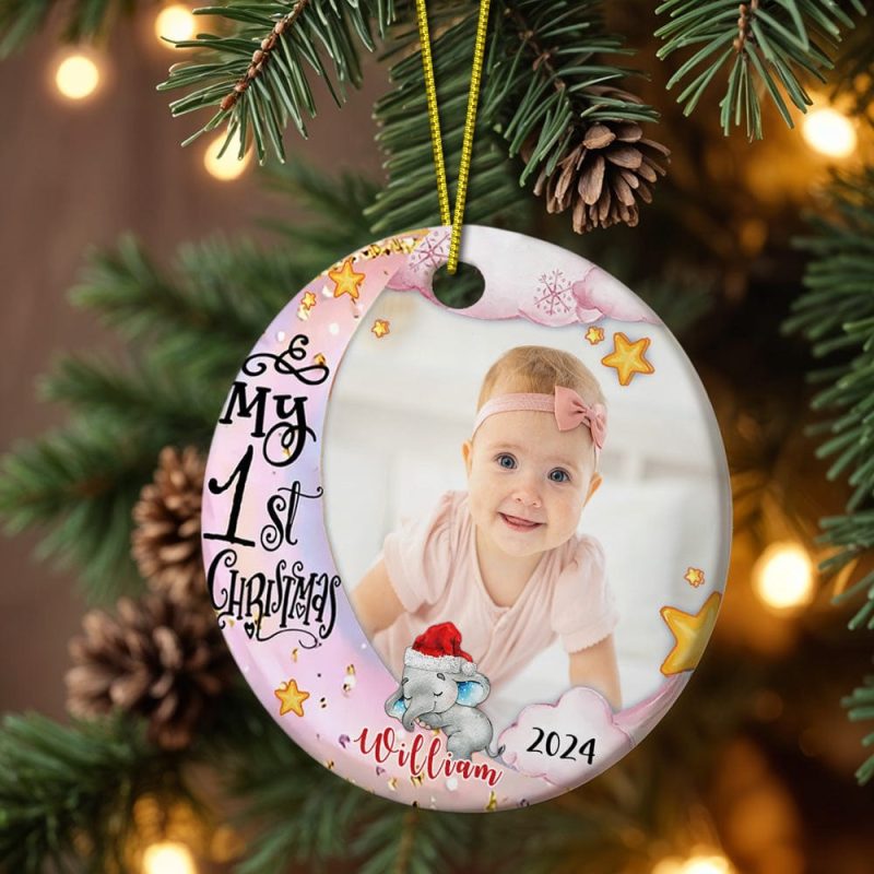 Personalized Baby’s First Christmas Ornament Cute Elephant Circle Ornament Christmas Gift for Kid