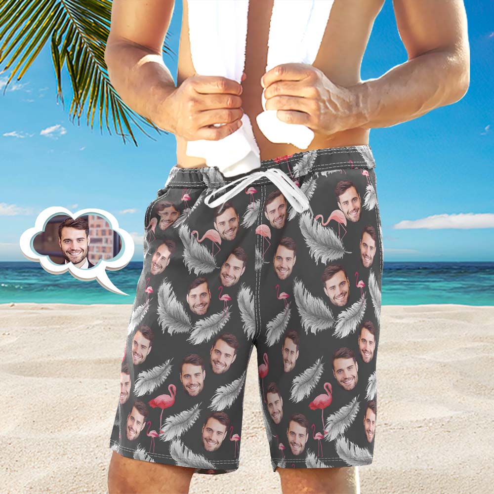 Men's Custom Face Beach Trunks All Over Print Photo Shorts Feather and Flamingo Black