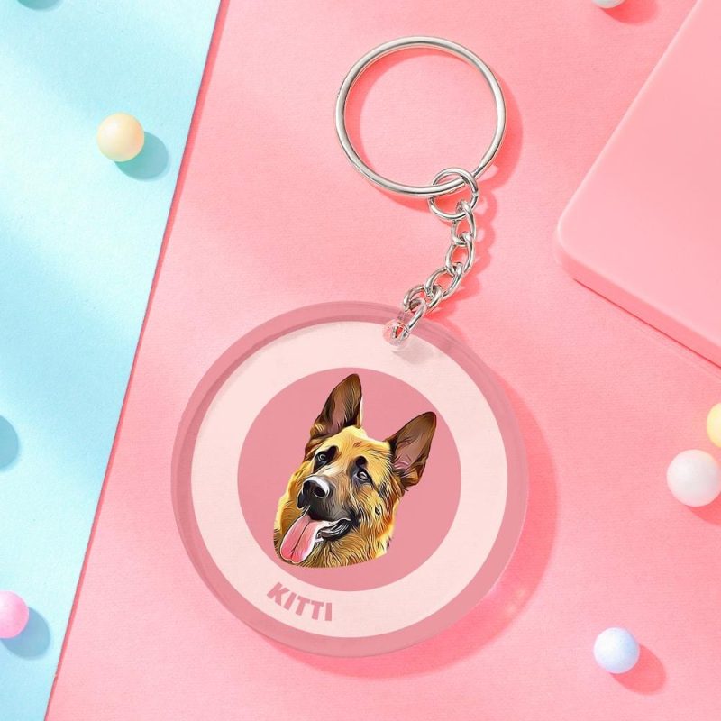 Custom Round Keychain Personalized Pet Photo with Name Keychains Gift for Pet Lover – Pink