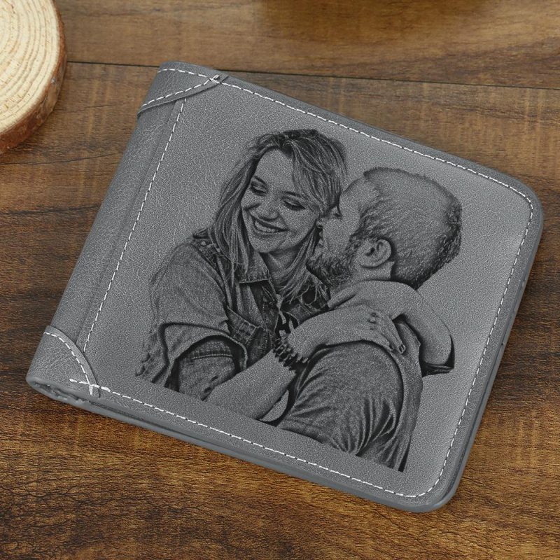 Custom Photo Engraved Wallet Photo Wallets For Dad Grey Leather