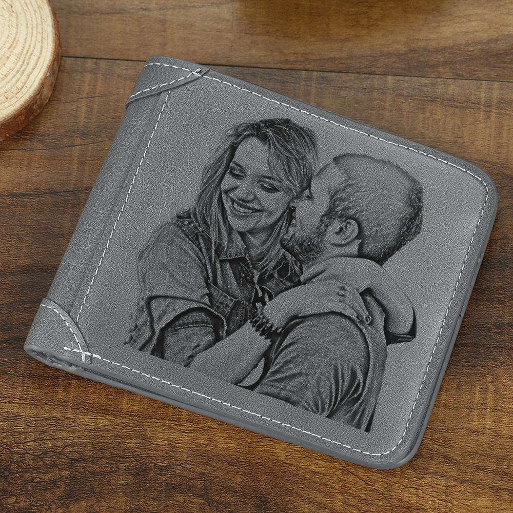 Custom Photo Engraved Wallet Photo Wallets For Dad Grey Leather