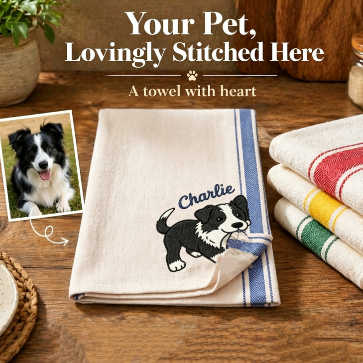 Personalized Dog & Cat Embroidered Hand Towel – Custom Pet Name Towel for Bathroom & Kitchen