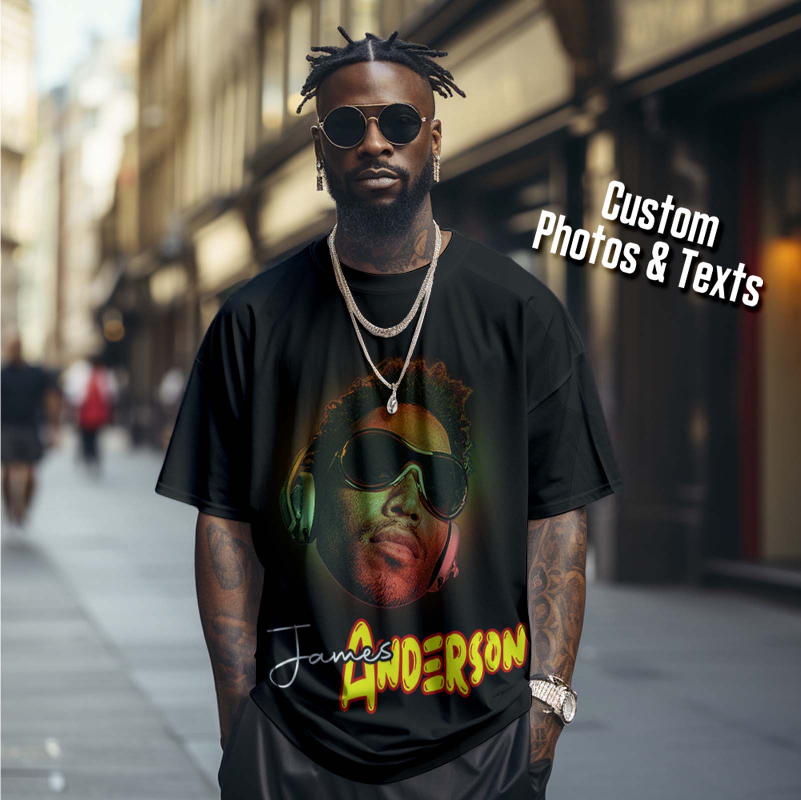 Custom Face Vintage Rap Tee Personalized Portrait T-shirt with Name