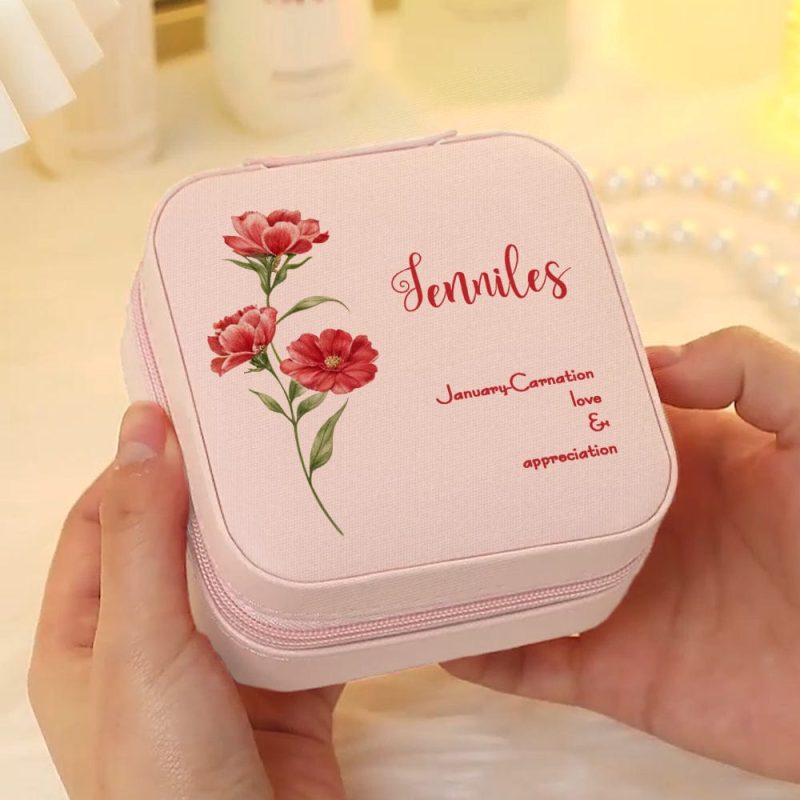 Personalized Birth Flower Leather Jewelry Box Bridesmaid Gift for Her