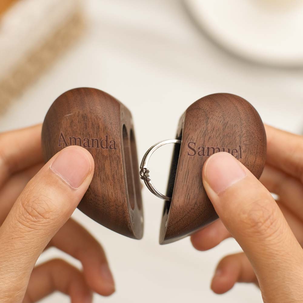 Personalized Heart-Shaped Engraved Ring Box Wooden Double Rings Wedding Ring Holder - Image 3