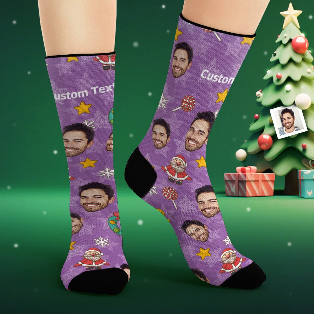Custom Face Socks Personalized Photo Purple Socks Cartoon Christmas Elements - Image 2