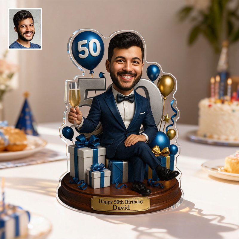 Custom Photo Birthday Man Caricature Portrait Gift Acrylic Plaque 2D Look 3D Pop
