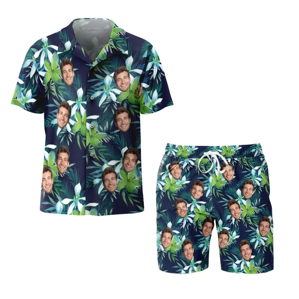 Custom Face Hawaiian Shirt And Beach Shorts Set Personalized Men's Photo Tropical Leaves Set Vacation Party Gift - Image 2