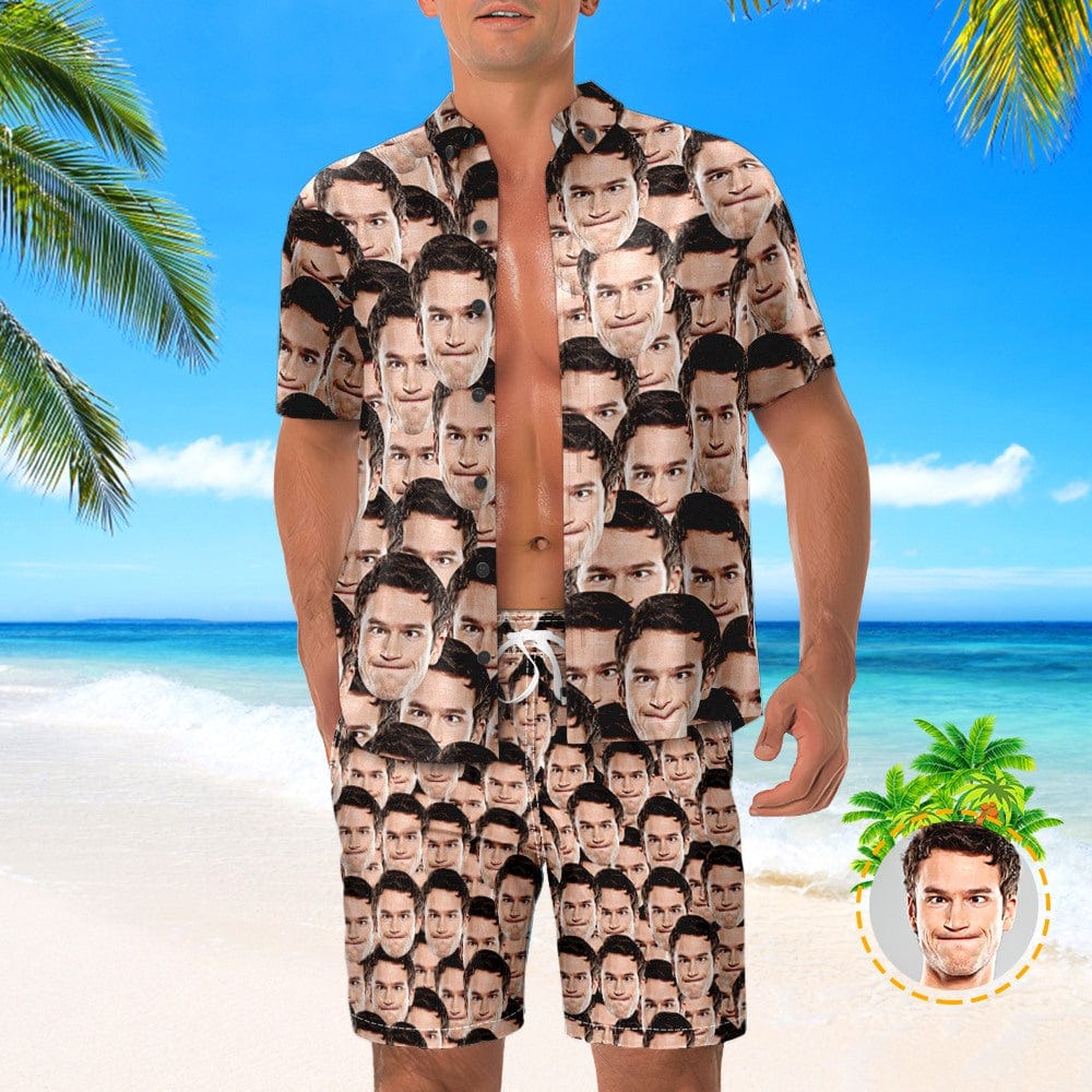 Custom Face Hawaiian Shirt And Beach Shorts Set Personalized Men's Photo Face Mash Set Vacation Party Gift for Company - Image 2