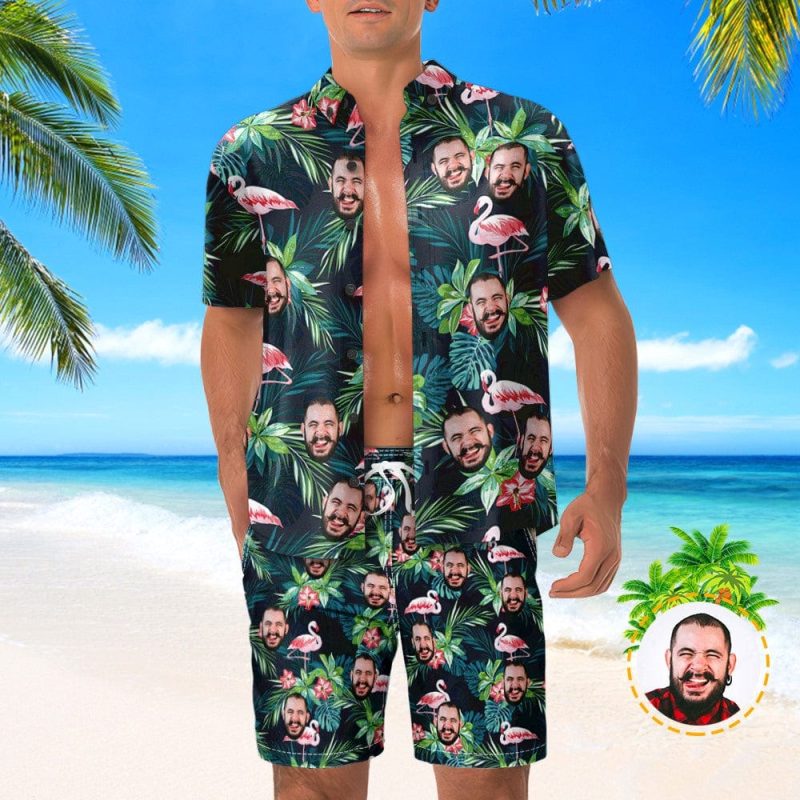 Custom Face Hawaiian Shirt And Beach Shorts Set Personalized Men’s Photo Flamingo Flower Set Vacation Party Gift