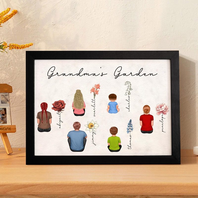 Custom Birth Month Flowers Garden With Grandkids Names Personalized Wooden Photo Frame Mother’s Day Gift