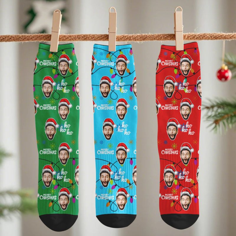 Custom Lantern Merry Christmas Face Multicolor Socks Personalized Christmas Photo Socks Fun Gift for Family & Couples – SantaSocks