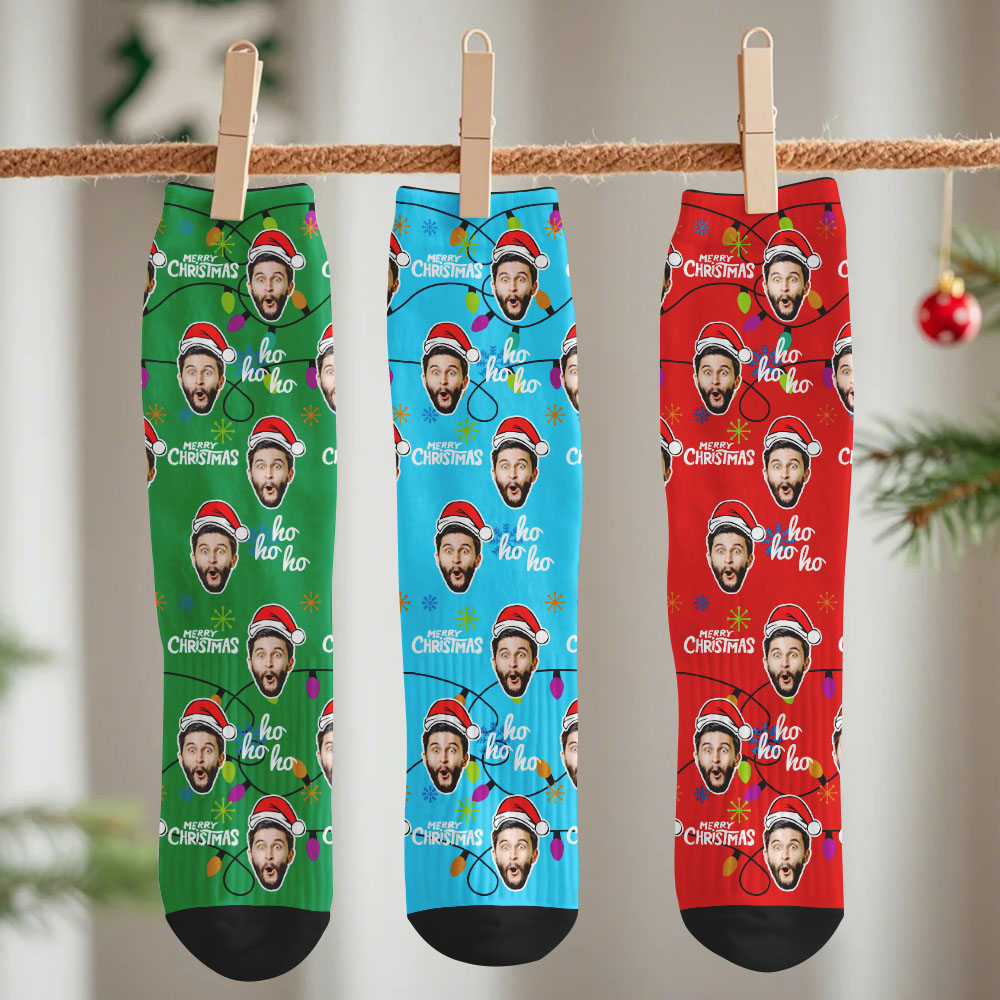 Custom Lantern Merry Christmas Face Multicolor Socks Personalized Christmas Photo Socks Fun Gift for Family & Couples - SantaSocks