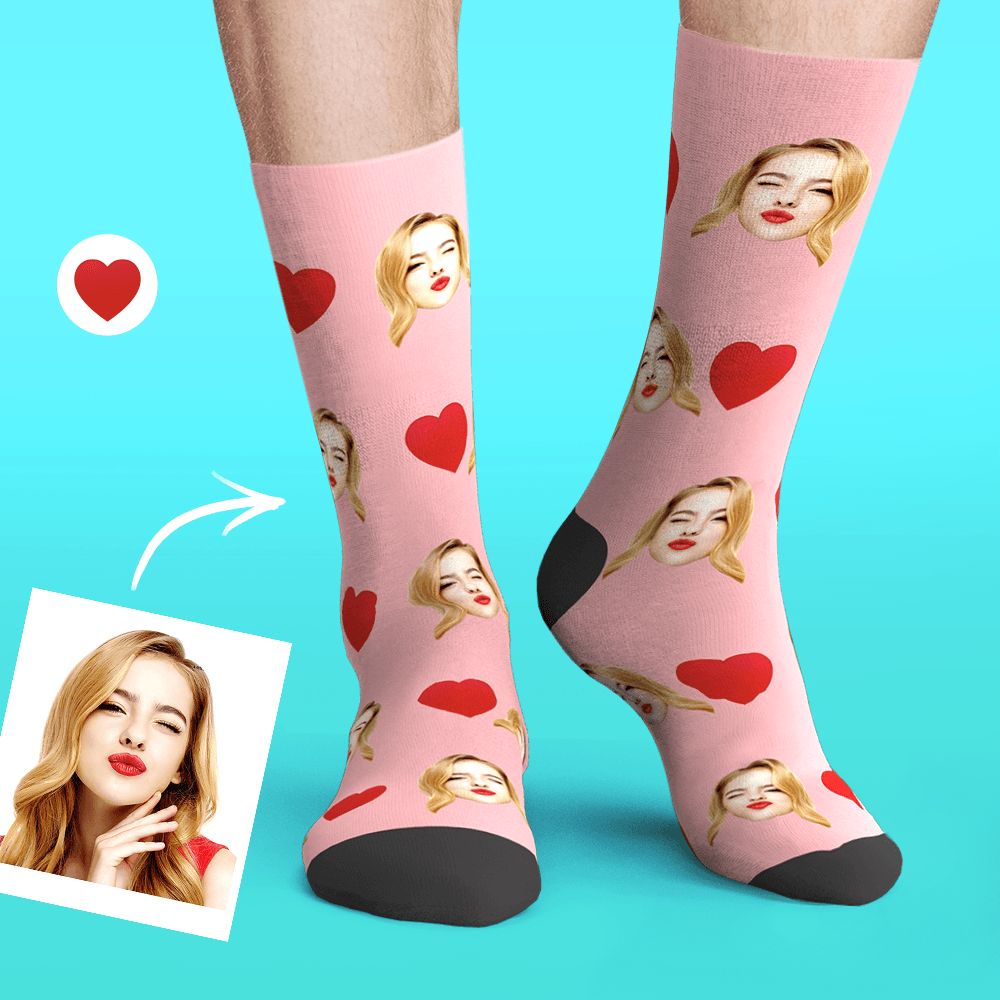 Custom Personalized Emoticons Face Socks with Love Heart Valentines Day Gifts - Image 2