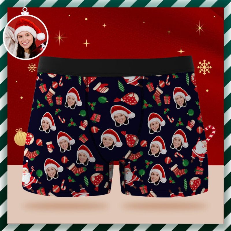 Custom Face Boxer Briefs Personalized Underwear Happy Santa Claus Christmas Gift for Him