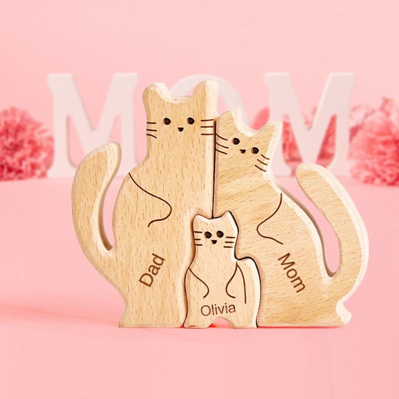 Mother’s Day Gifts Wooden Cats Family Custom Names Puzzle Home Decor