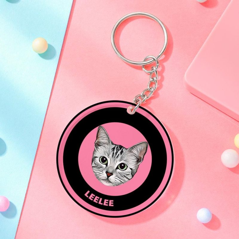 Custom Round Keychain Personalized Pet Photo with Name Keychains Gift for Pet Lover – Black & Pink