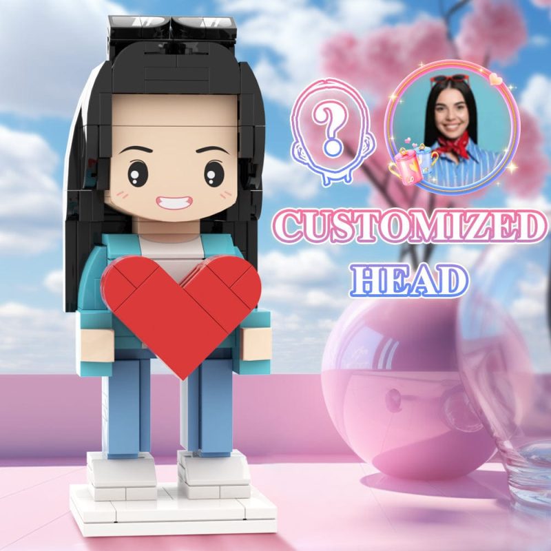 Girl Holding Heart Valentine’s Day Gift Custom Head Brick Figures Personalized Brick Figures Small Particle Block Girl