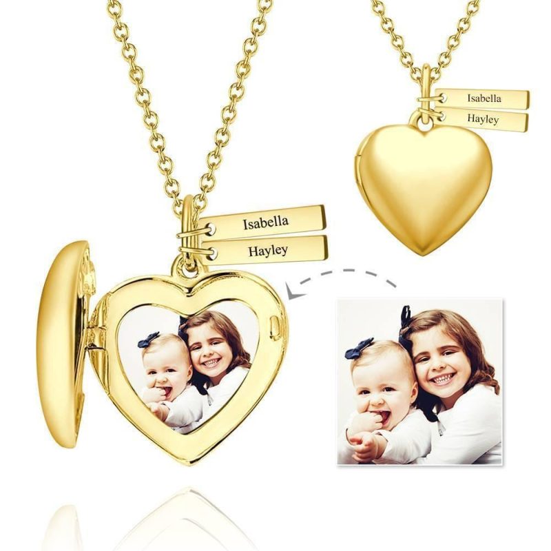 Heart Photo Locket Necklace With Name Gifts for Mom 14k Gold Plated