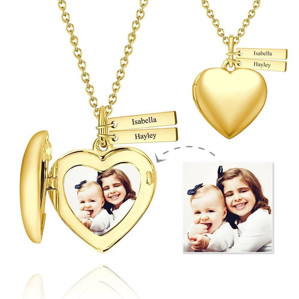 Heart Photo Locket Necklace With Name Gifts for Mom 14k Gold Plated