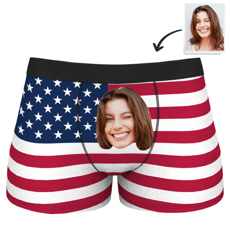 Custom Boxer With Girlfriend Face American Flag Brief Short July 4th Gifts For Boyfriend