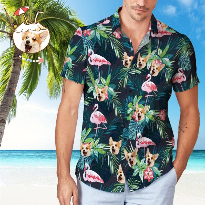 Dog Face on Shirts Custom Hawaiian Shirt with Face Leaves & Flamingo Gifts for Men