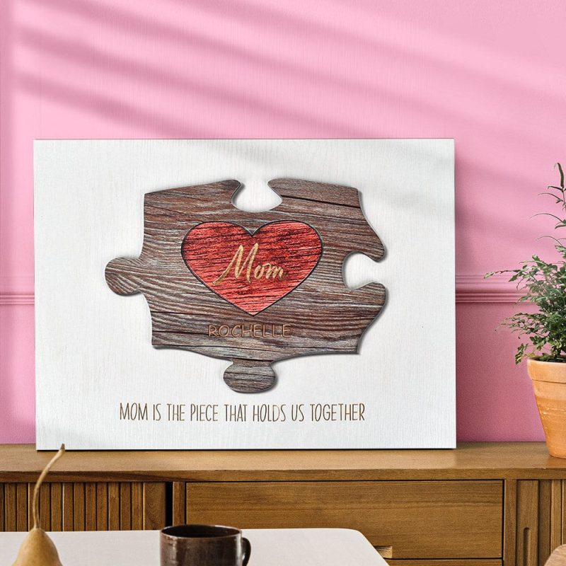 Custom Name Puzzle Pieces Personalized Mom Heart Shaped Wooden Puzzle Sign Gift for Mom