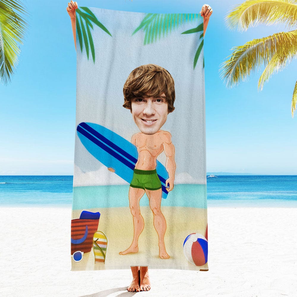 Custom Face Beach Towel Personalized Surfing Muscular Man Beach Towel Funny Gift for Summer