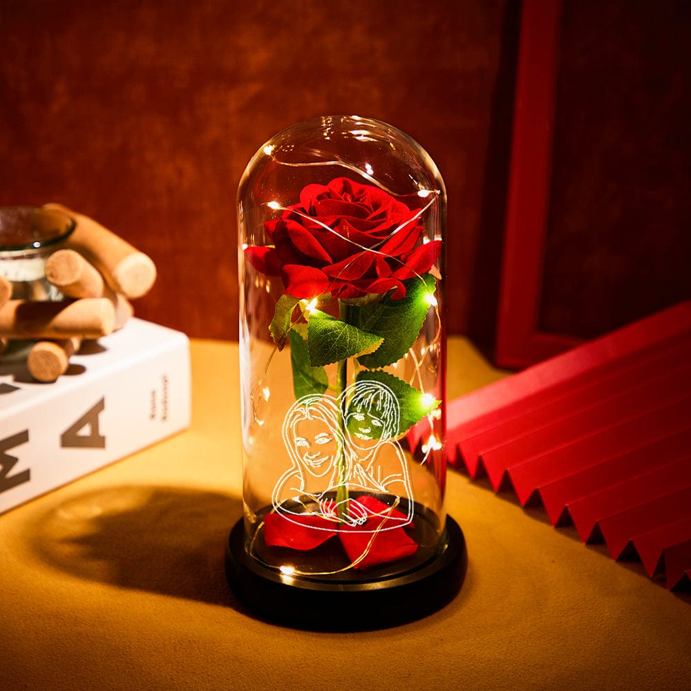 Custom Photo Line Drawing Eternal Rose Flower LED Night Light Romantic Simulation Eternal Rose Flower Glass Cover for Anniversary and Mother's Day - Image 2