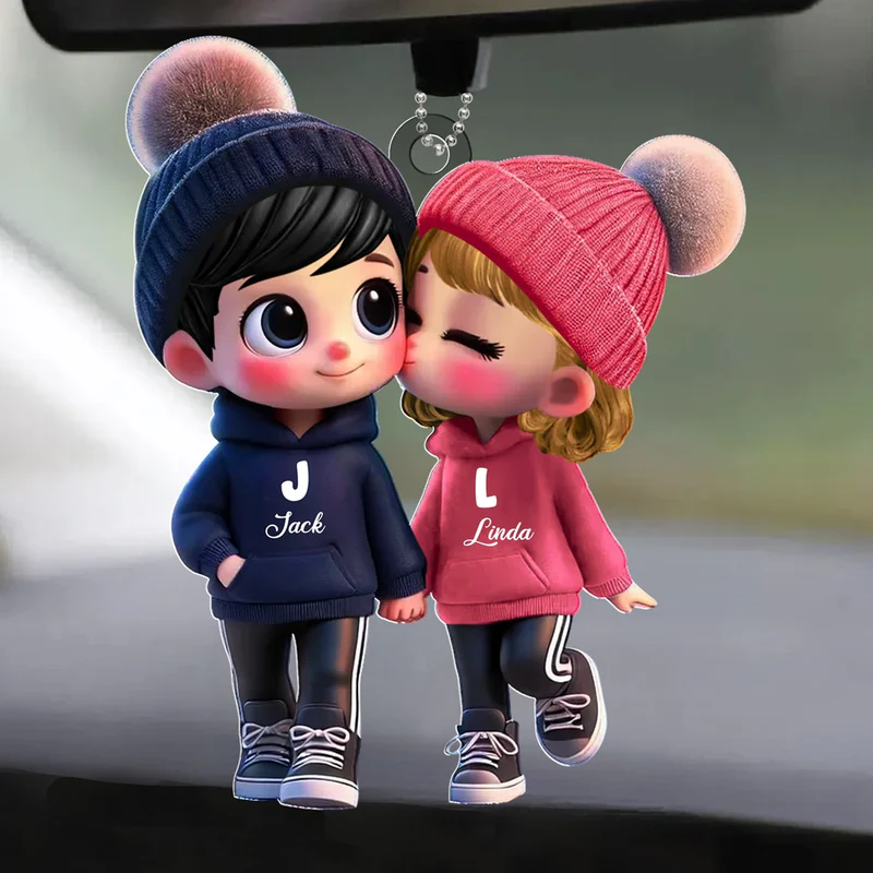 Custom Acrylic Car Hanger Cute Couple Kissing Moment Personalized Name Gift for Him & Her