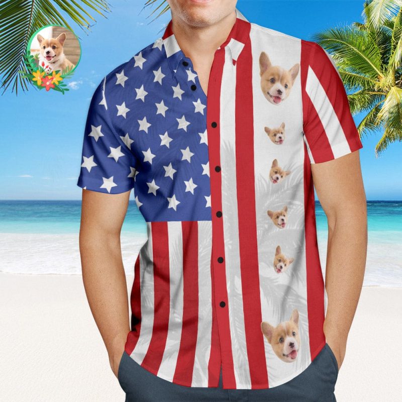 Custom Men’s Patriotic Hawaiian Shirt With Pet Face USA Flag Personalized Fashion Hawaiian Shirt