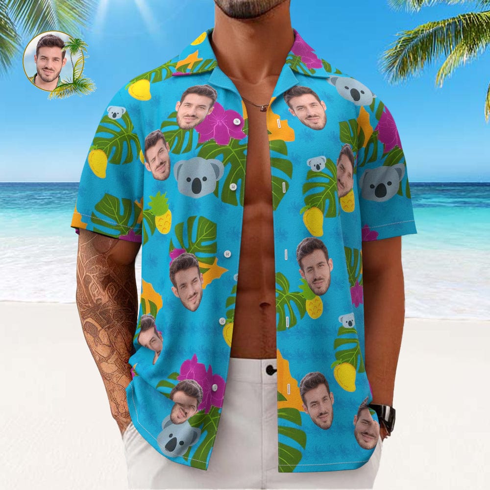Custom Face All Over Print Men's Hawaiian Shirt Cute Koala and Leaves Gift for Him - Image 2