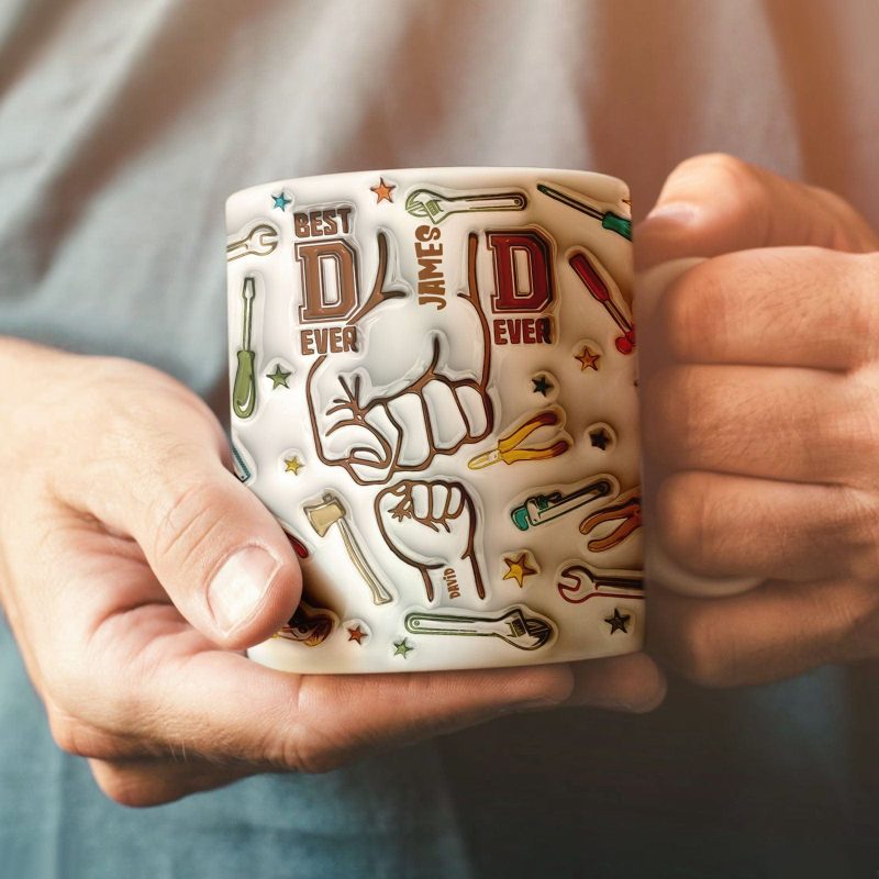 Gifts for Dad Personalized Names Fist Bump Mug Custom 1-6 Kids 3D Inflated Effect Printed Mug Gift for Father’s Day