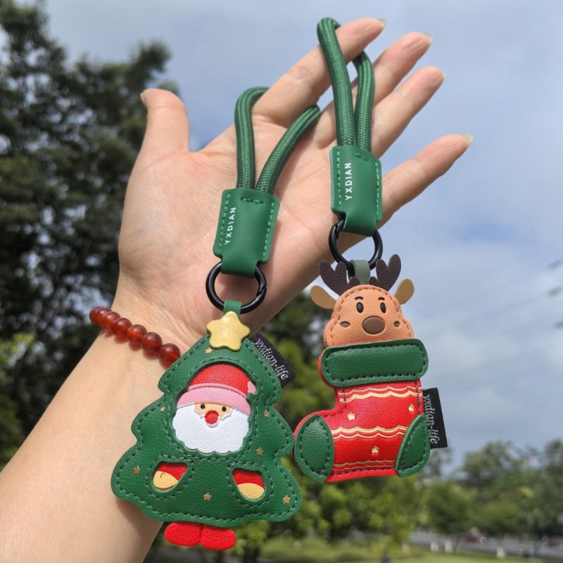 Custom Name Leather Christmas Tree Christmas Stocking Hanging PU Leather Keychain Christmas Ornaments