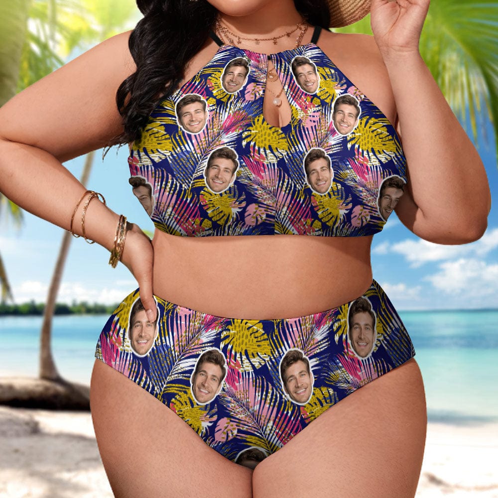 Custom Swimwear Personalized Face Plus Size Bikini Swimsuit-Colorful Leaves - Image 2