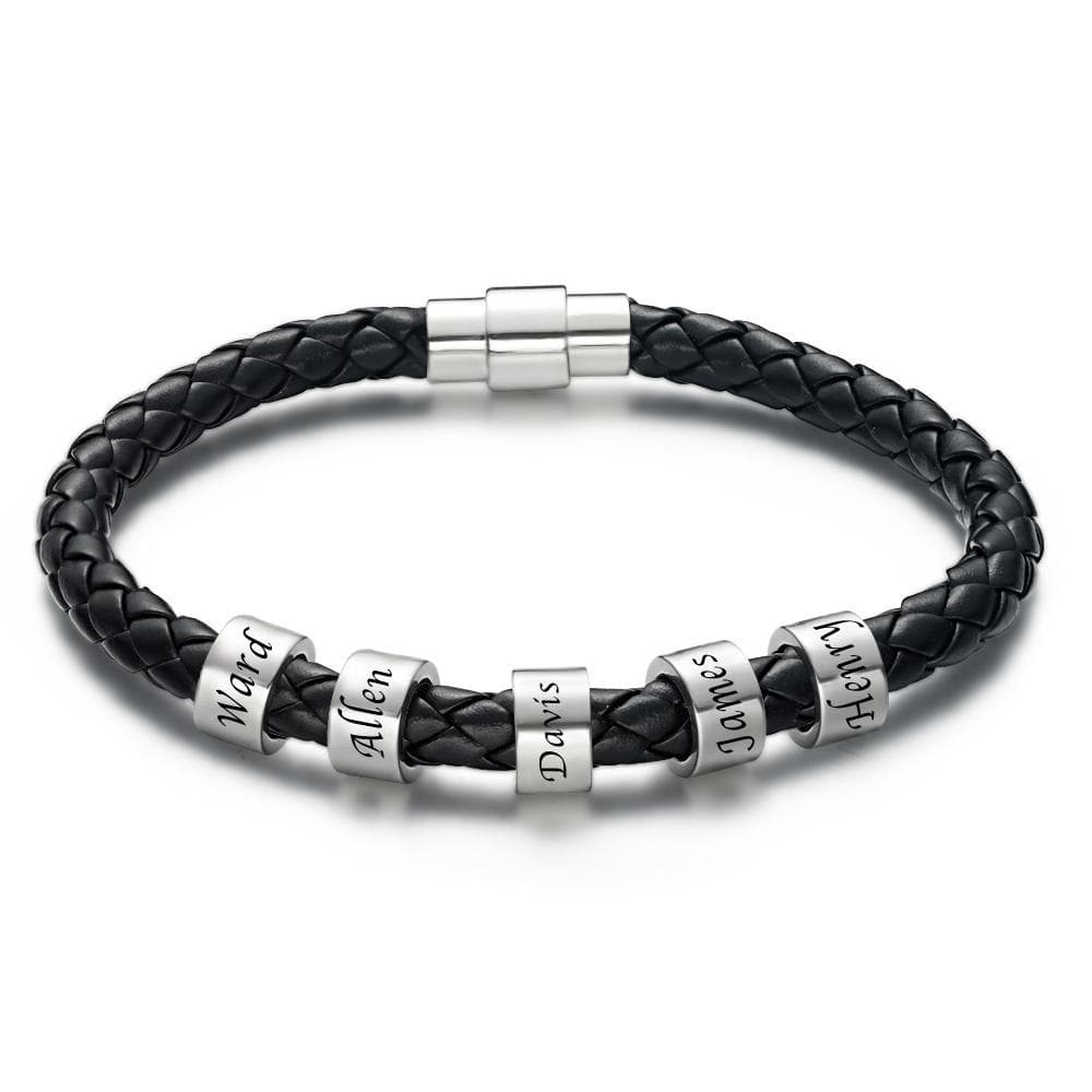 Men's Leather Bracelet Custom Engraved Bracelet Black Leather Beads Bracelet Small Custom Bead for Him 1-6 Charms - Image 5