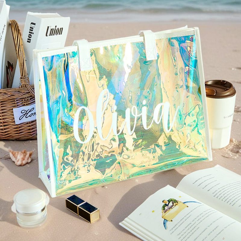 Custom Neon Transparent Tote Bag Personalized Holographic Beach Tote Bag Gift for Friends Bridesmaid Bachelorette