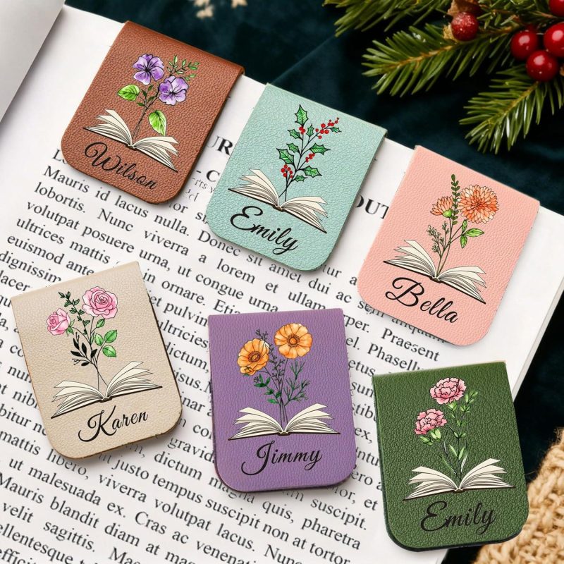 Personalized Magnetic Bookmarks, Leather Bookmark Clip with Birth Flower & Name, Custom Bookmarks for Book Lovers, Readers, Teachers
