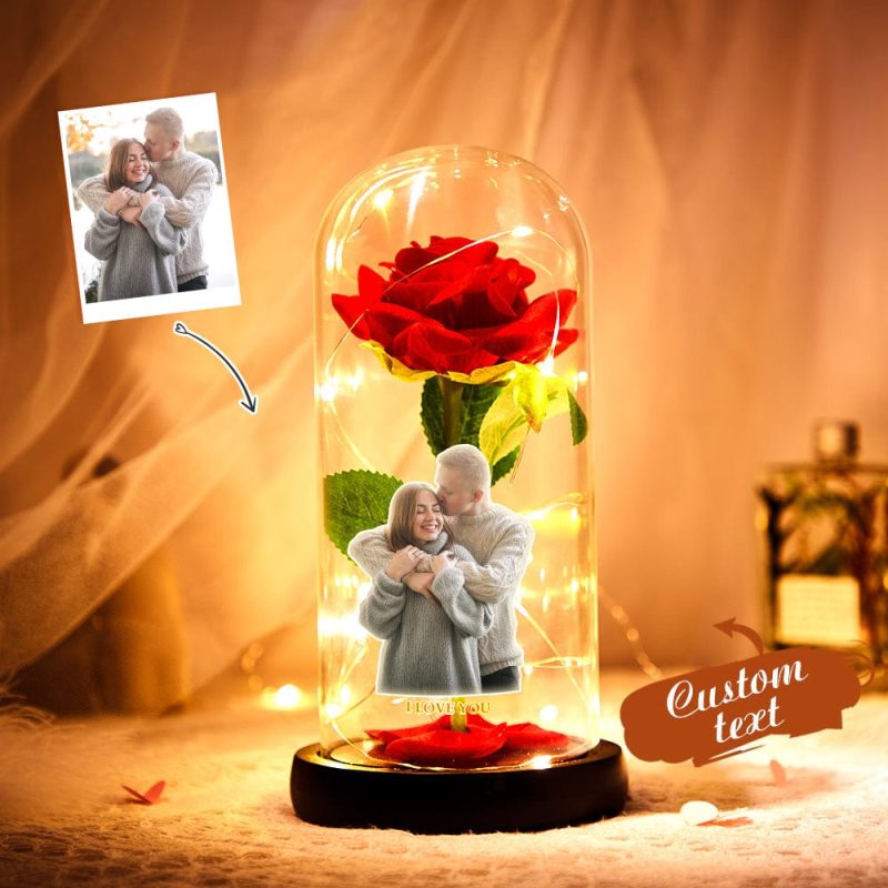 Custom Photo Text Eternal Rose Flower LED Night Light Romantic Simulation Eternal Rose Flower Glass Cover for Anniversary and Valentine’s Day