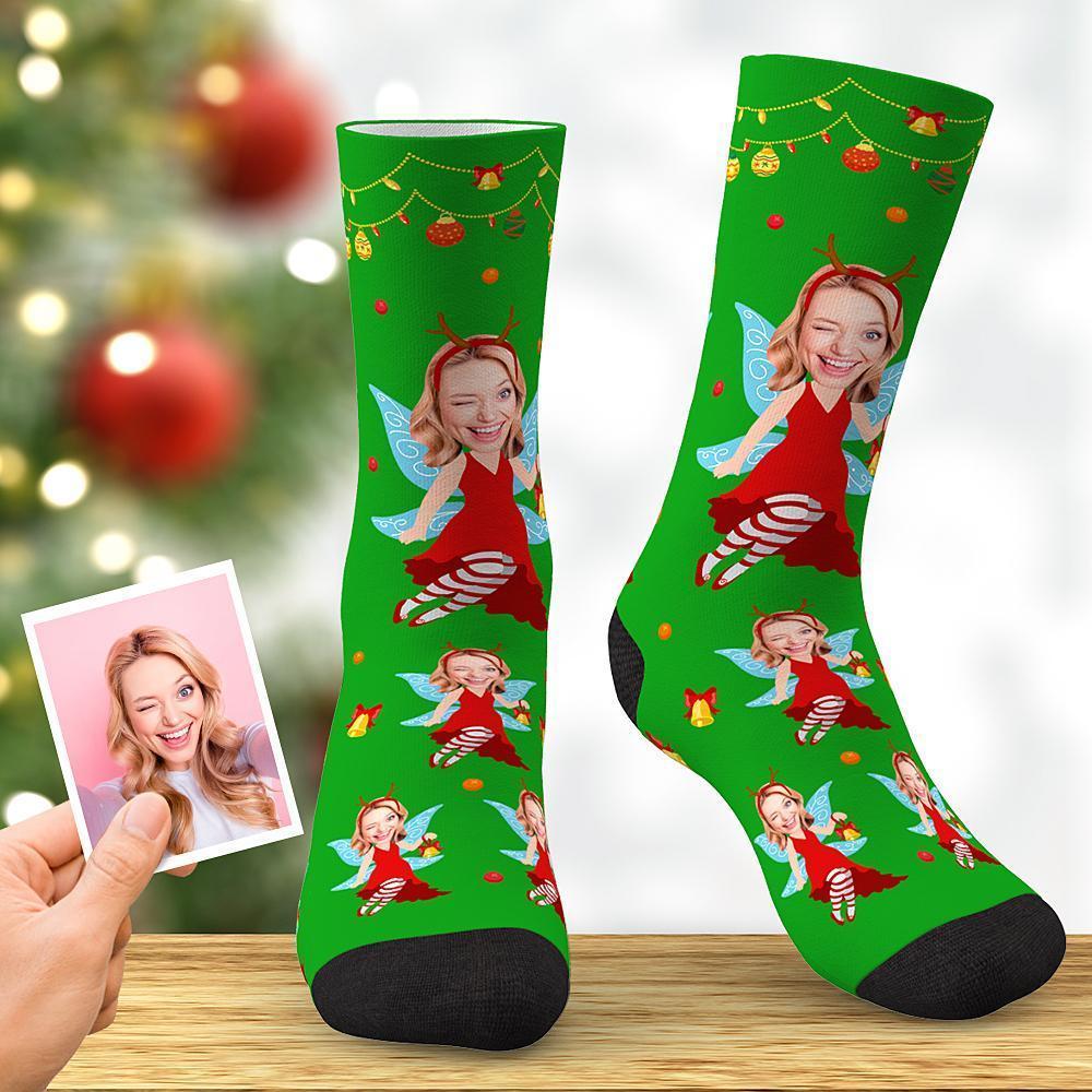 Custom Face Socks Christmas Socks Green - Christmas Elf