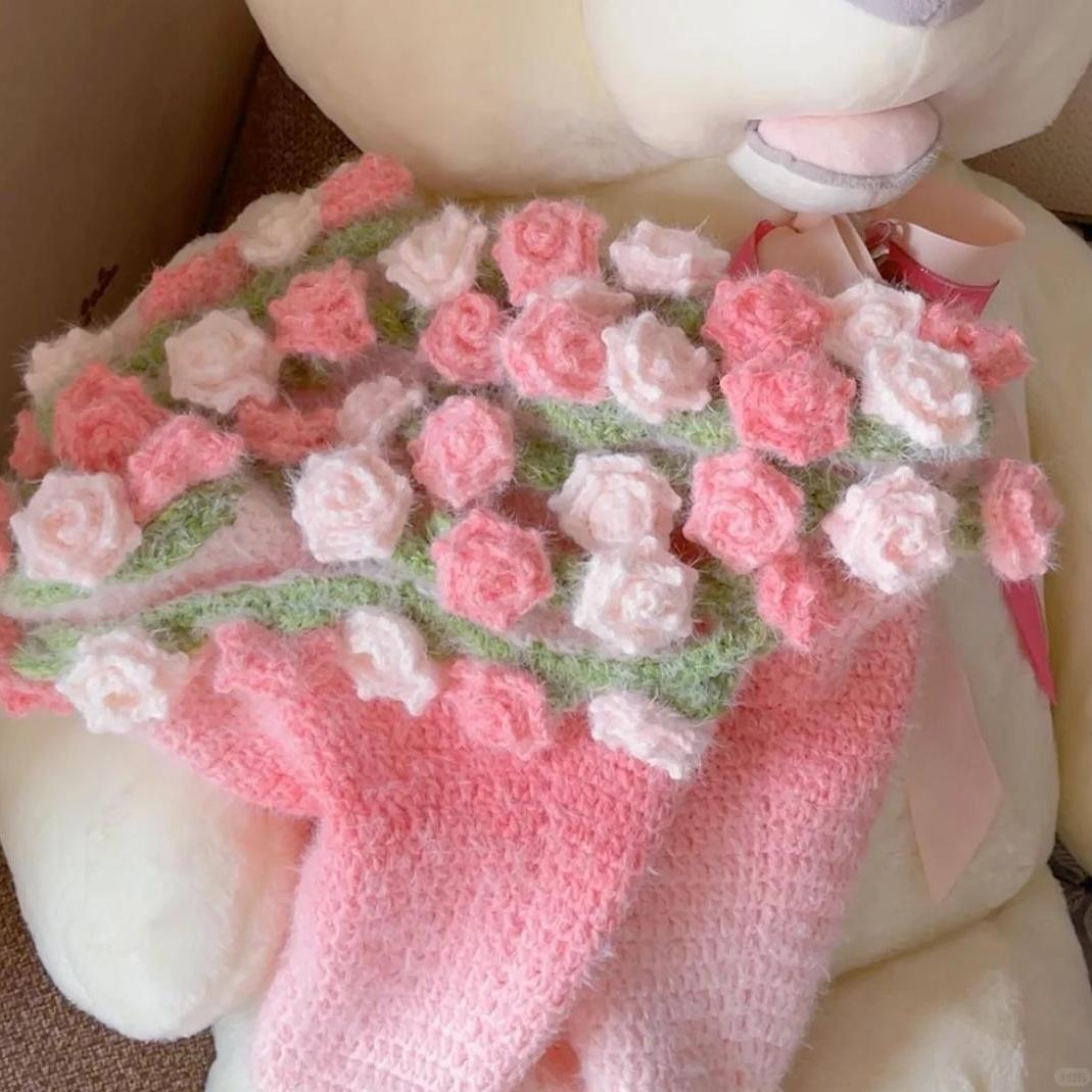 Knitted Gradient Bouquet Blanket DIY Material Kit Rose Bouquet Blanket With Yarn and Knitting Tools - Image 2