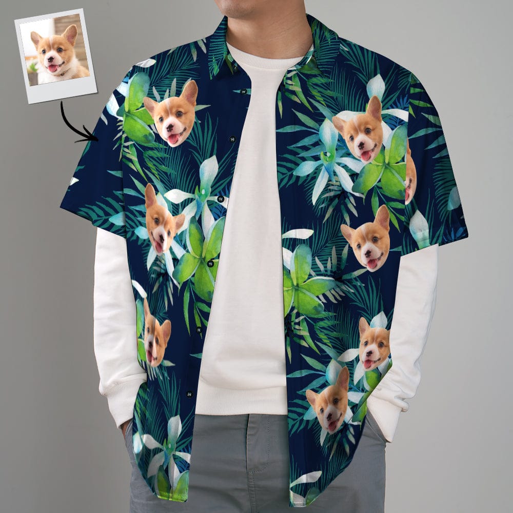 Custom Hawaiian Shirt with Face Custom Dog Face Hawaiian Shirt Leaves Tropical Shirts - Image 2