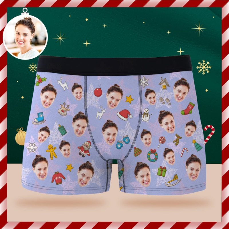 Custom Face Boxer Briefs Personalized Purple Underwear Merry Christmas Gift for Him