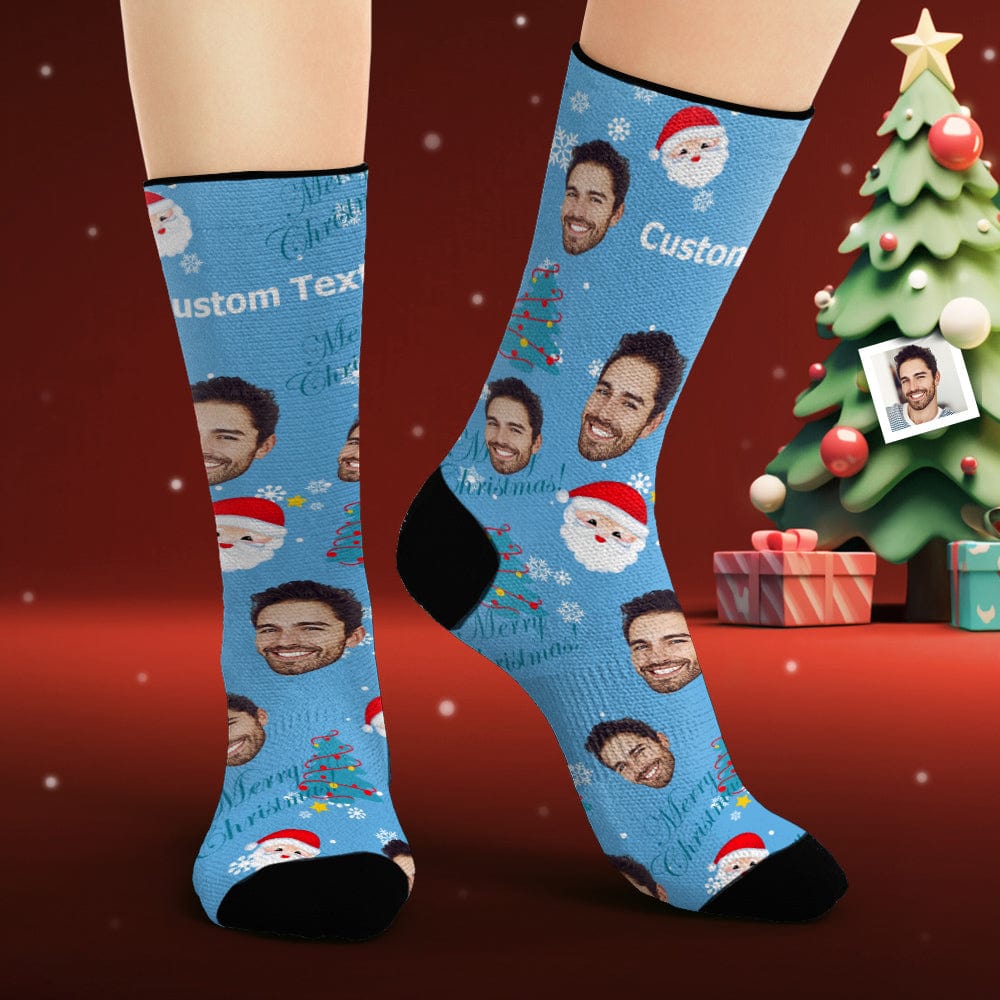 Custom Face Socks Personalized Photo Blue Socks Santa Claus and Elk - Image 2