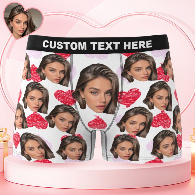 Valentine’s Day Gifts Custom Big Face Boxer Shorts Colorful Waistband White Boxer Briefs Red and Pink Hearts Gifts For HimUS