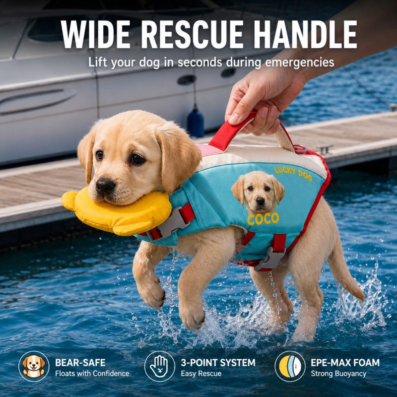 Personalized Dog Life Jacket with Bear Chin Float – Custom Pet Swim Vest with Photo & Name, Flotation Vest for Small & Large Dogs
