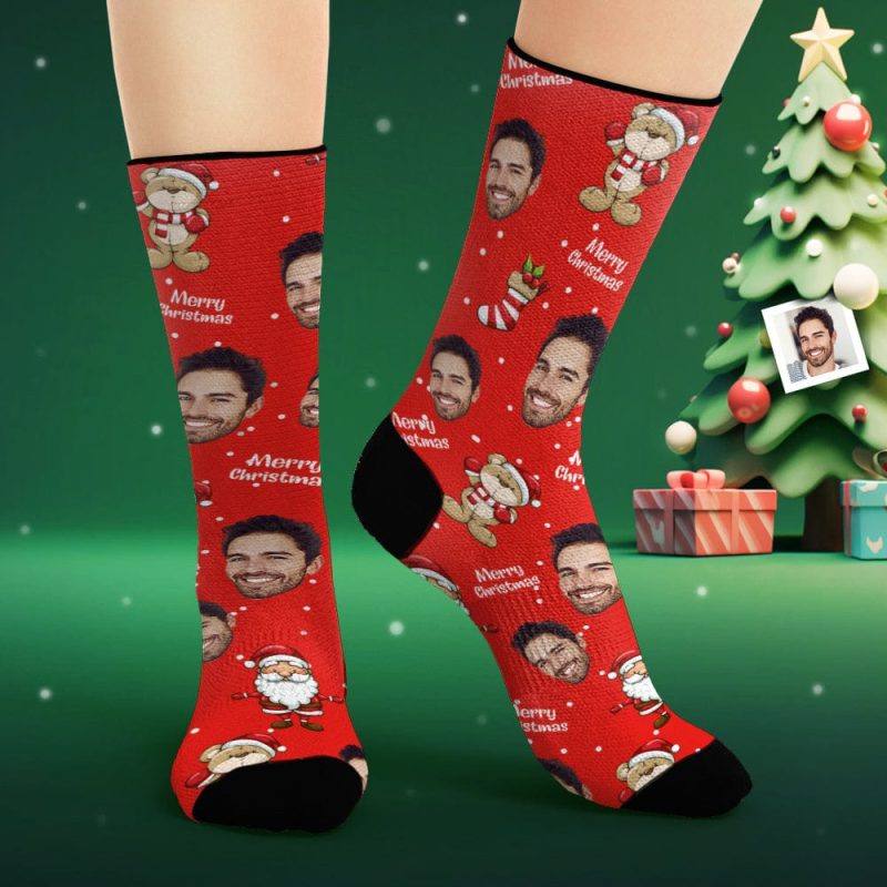 Custom Face Socks Personalized Photo Red Socks Merry Christmas