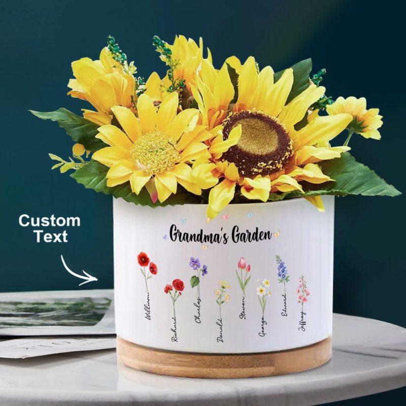 Custom Birth Flowers Planter Ceramic Pot Personalized Name Mom’s Gifts