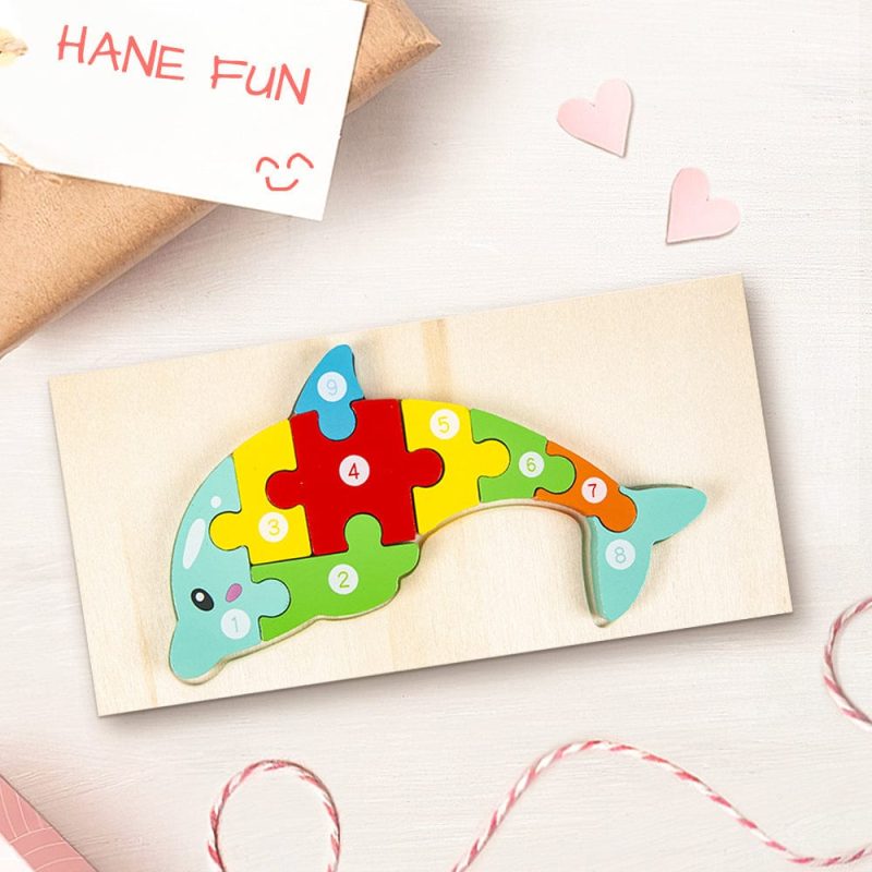 Wooden 3D Jigsaw Puzzle Dolphin Number Block Puzzles Educational Learning Montessori Toys for Toddlers