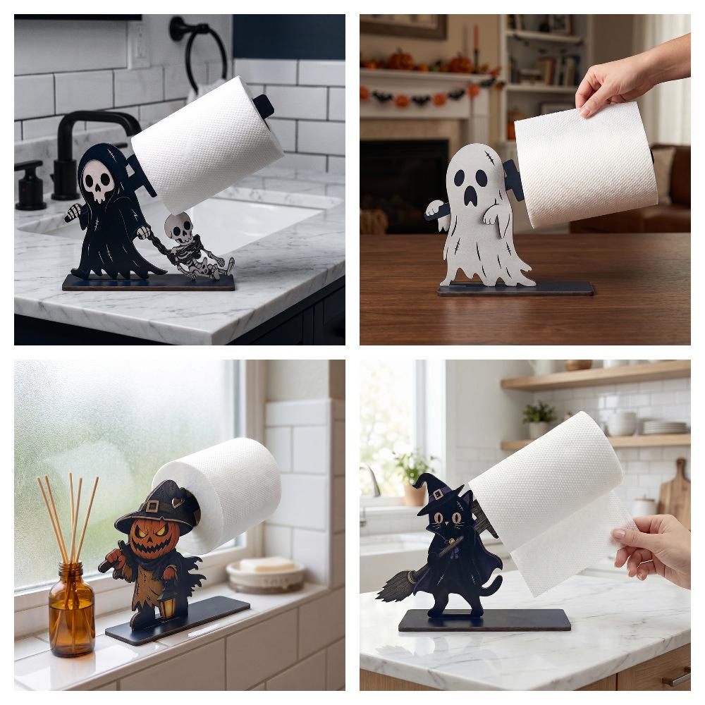 Halloween Themed Wooden Paper Towel Holder, Cute Ghost Pumpkin Cat Counter Tissue Rack